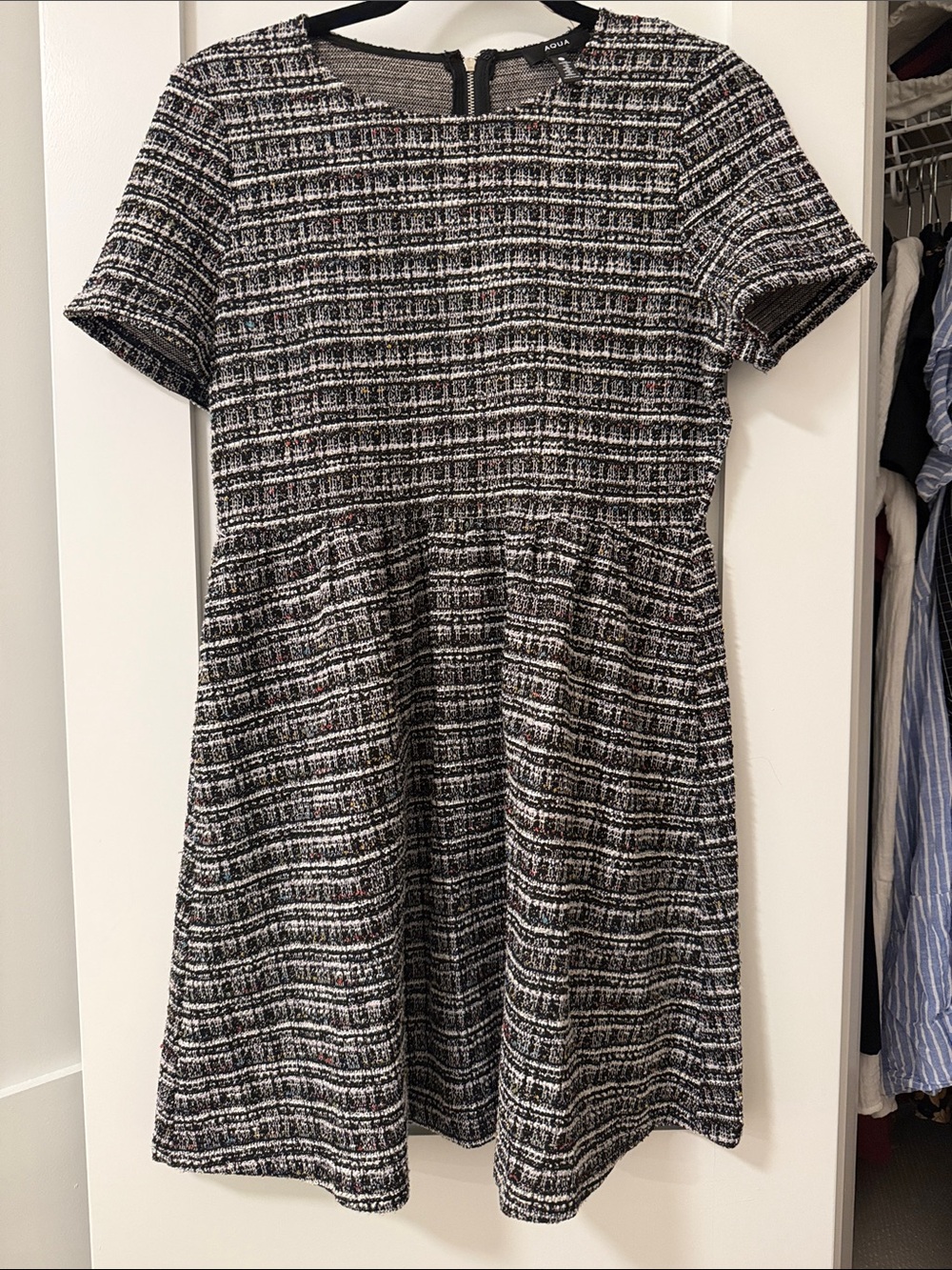 Aqua Black & White Tweed Short-Sleeve Fit-and-Flare Dress - medium